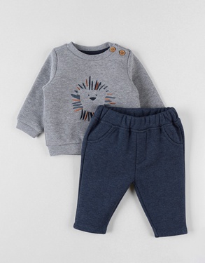 Set with sweater with embroidered lion + sweatpants, mottled grey/mottled marine blue