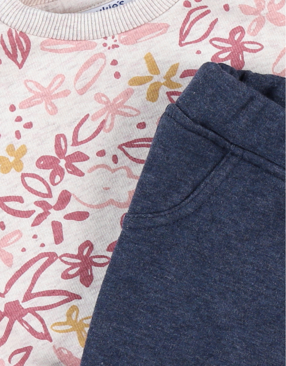 Set sweatshirt met bloemetjes + joggingbroek, roos/blauw