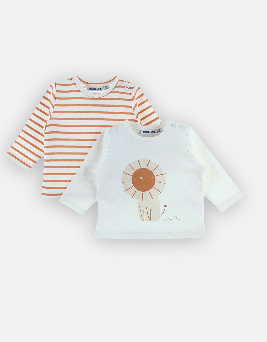 Set of 2 cotton t-shirts, white and caramel