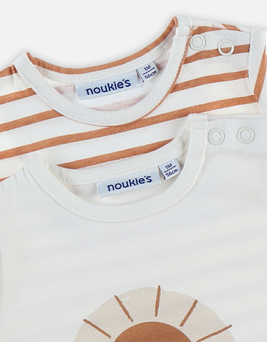 Set of 2 cotton t-shirts, white and caramel
