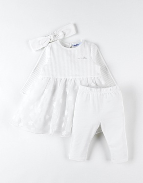 Set cérémonie robe + legging + bandeau, écru