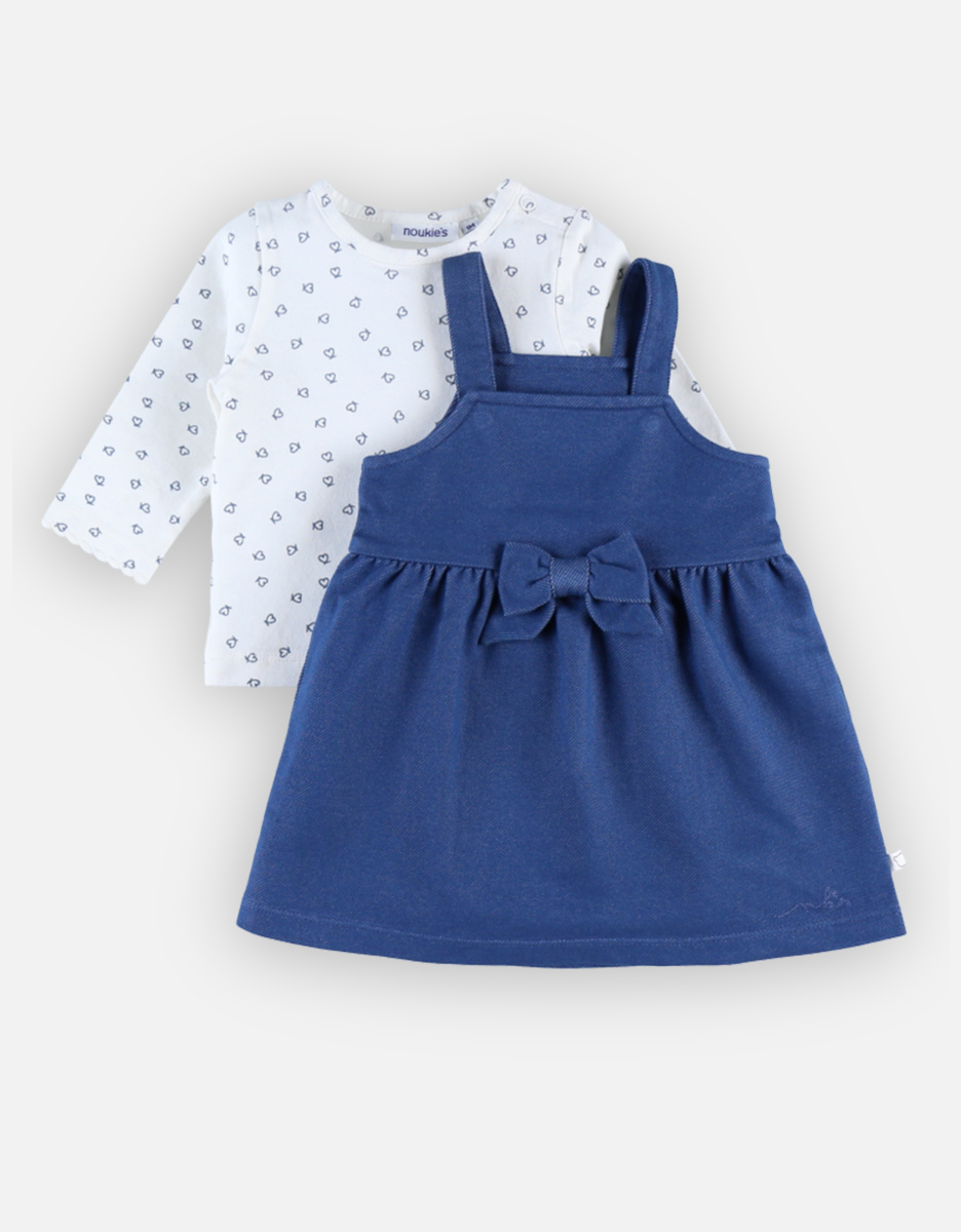 Denim jurk + t-shirt set, ecru/donkerblauw
