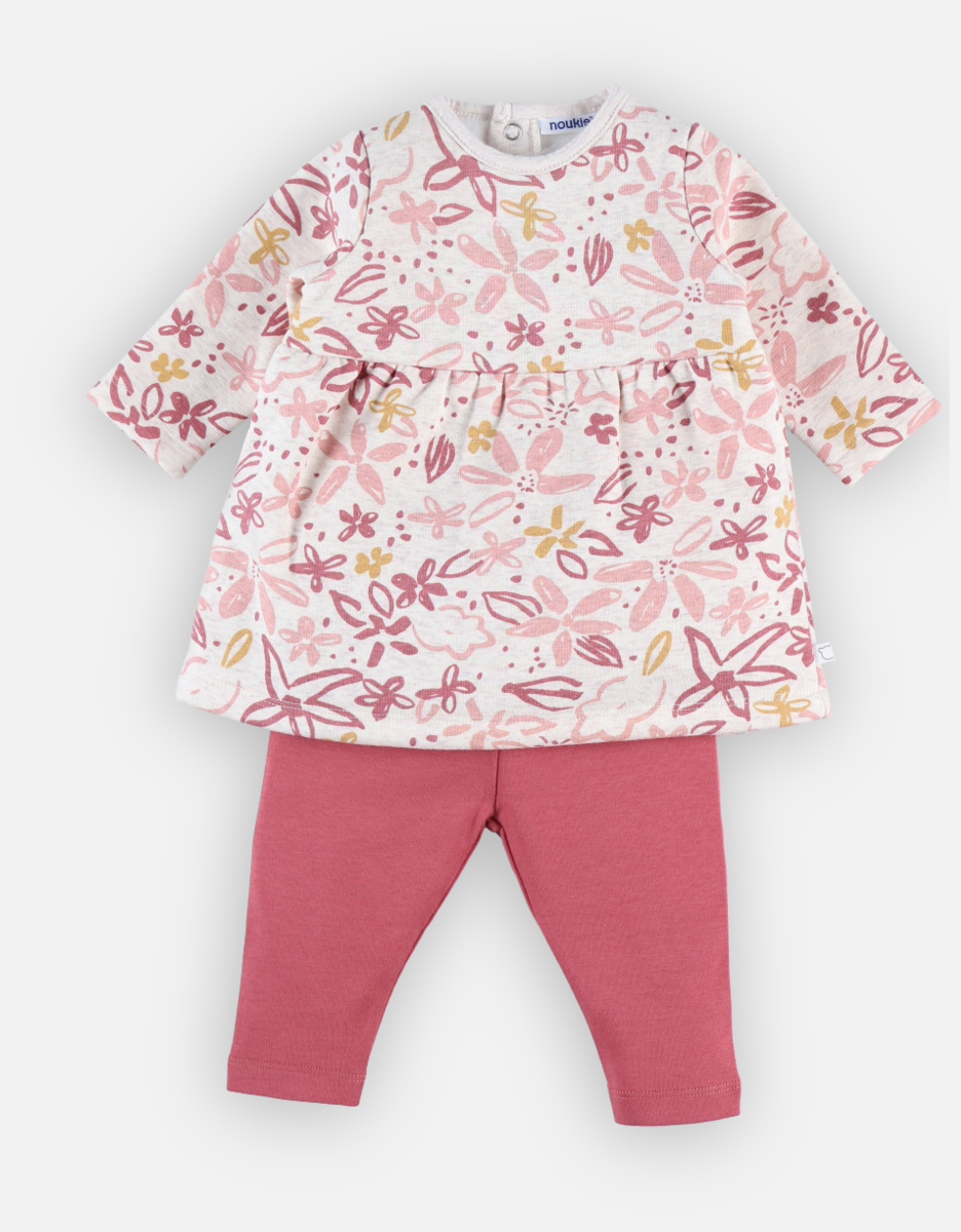 Set jurk met bloemetjes + legging, beige/roos