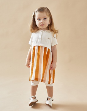 Striped dress + leggings set, off-white/mustard/pink