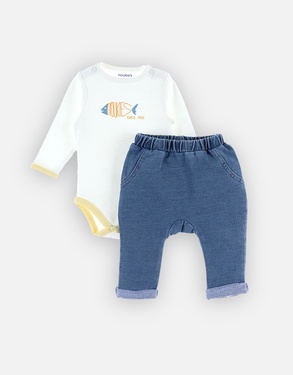 Body + denim broek set, ecru