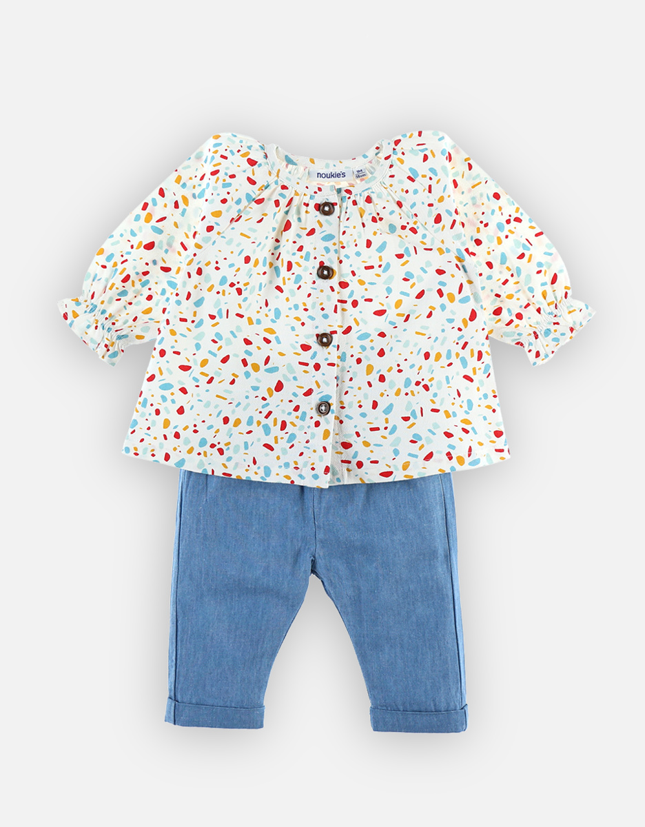 Printed blouse + denim jeggings set, off-white