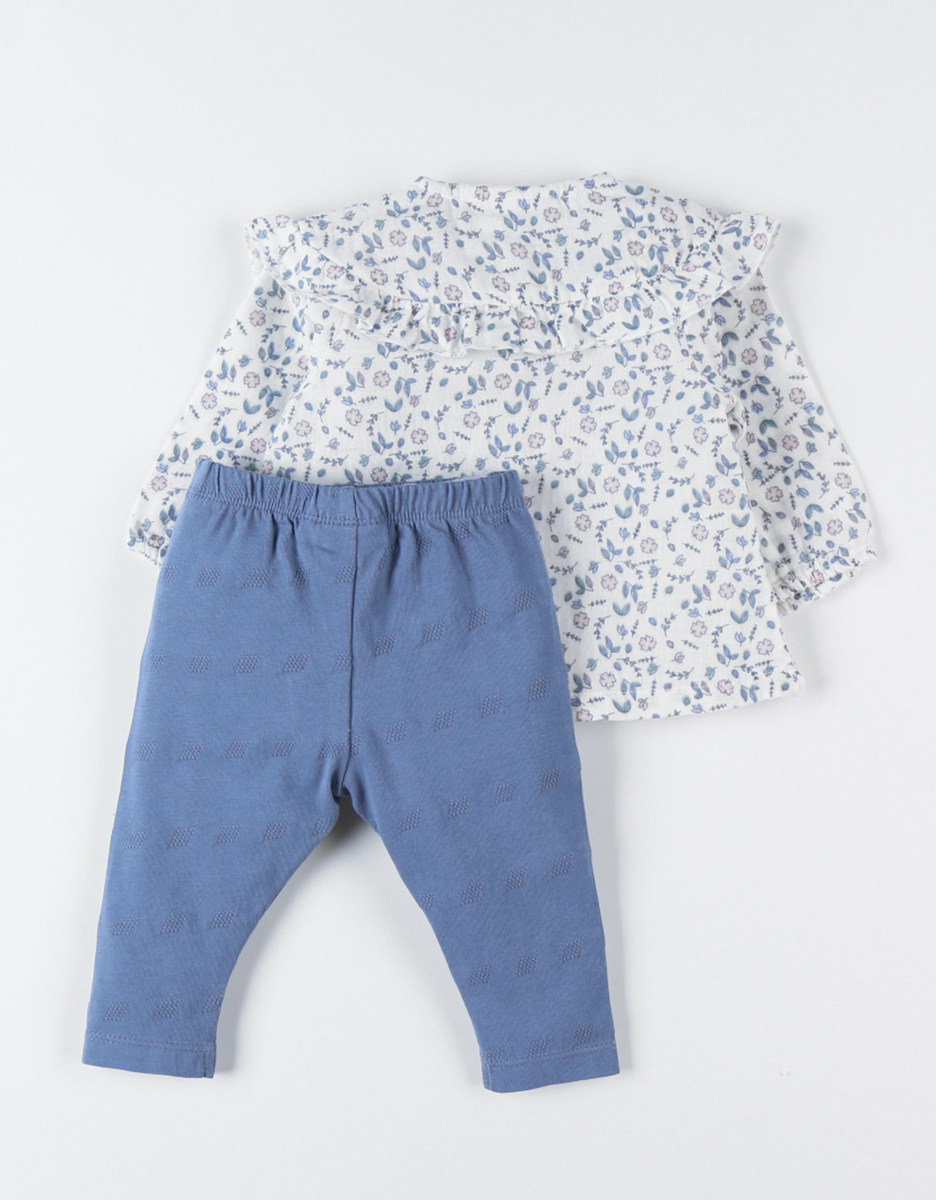 Set blouse fleurie + legging, bleu clair/écru