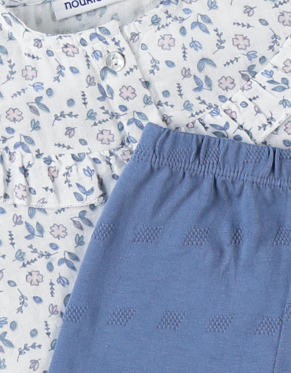 Set blouse fleurie + legging, bleu clair/écru