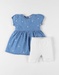 Denim gestipte jurk + legging set, blauw/ecru