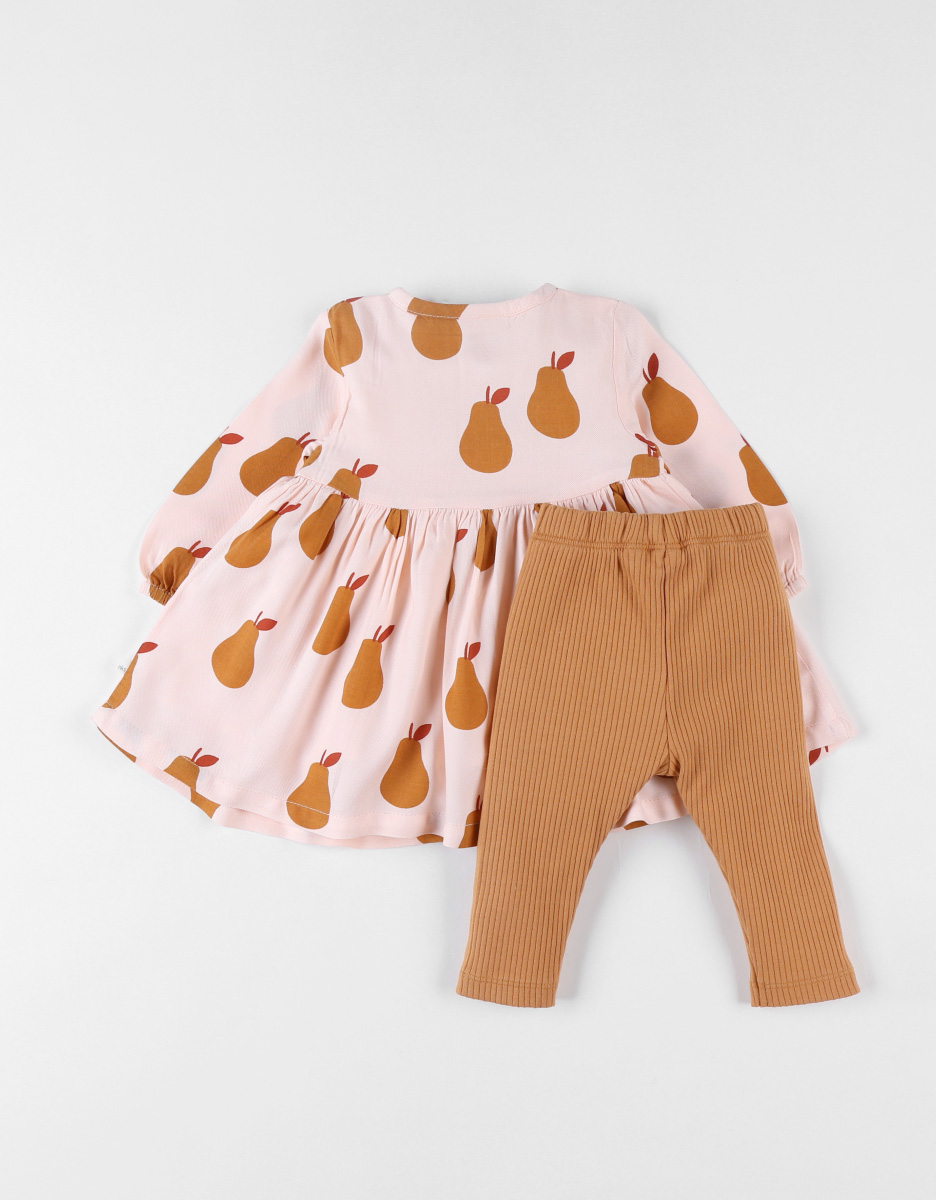 Pale pink dress and legging set with caramel-coloured pears