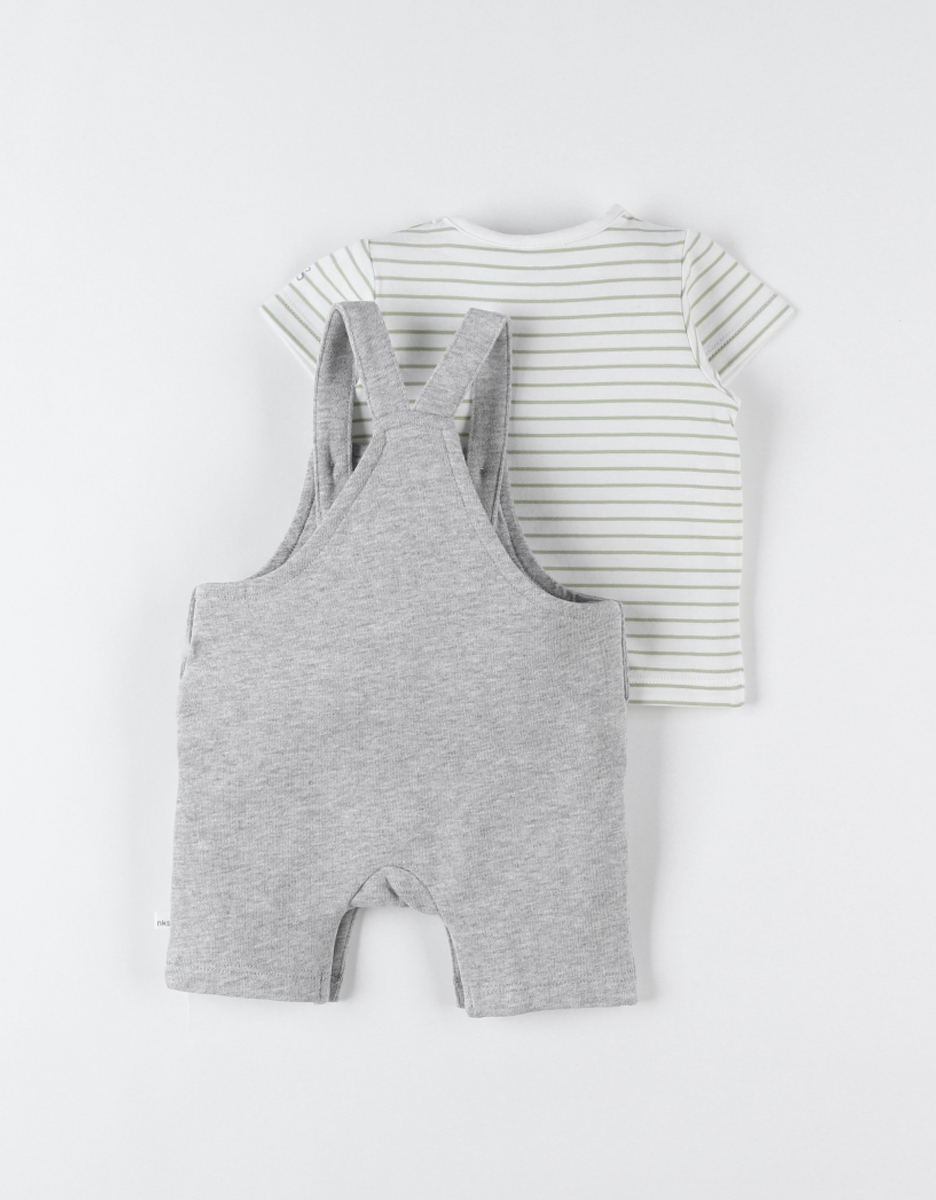 Nouky tuinbroek + gestreepte t-shirt set, lichtgrijs/ecru/groen