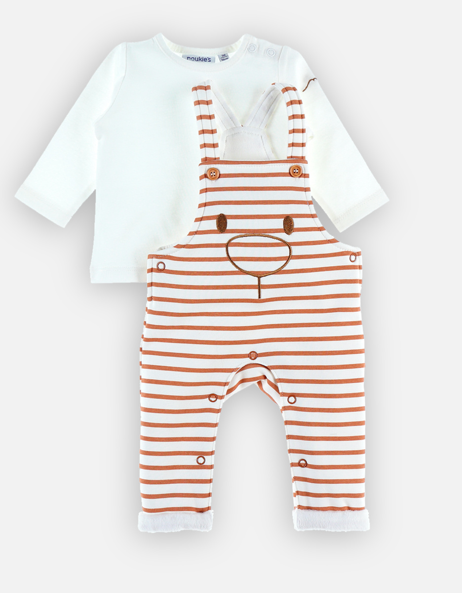 Dungarees set, off-white and caramel