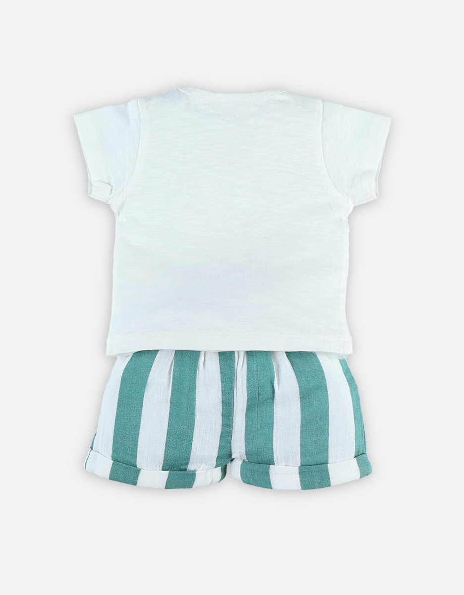 Off-white t-shirt and green cotton shorts set