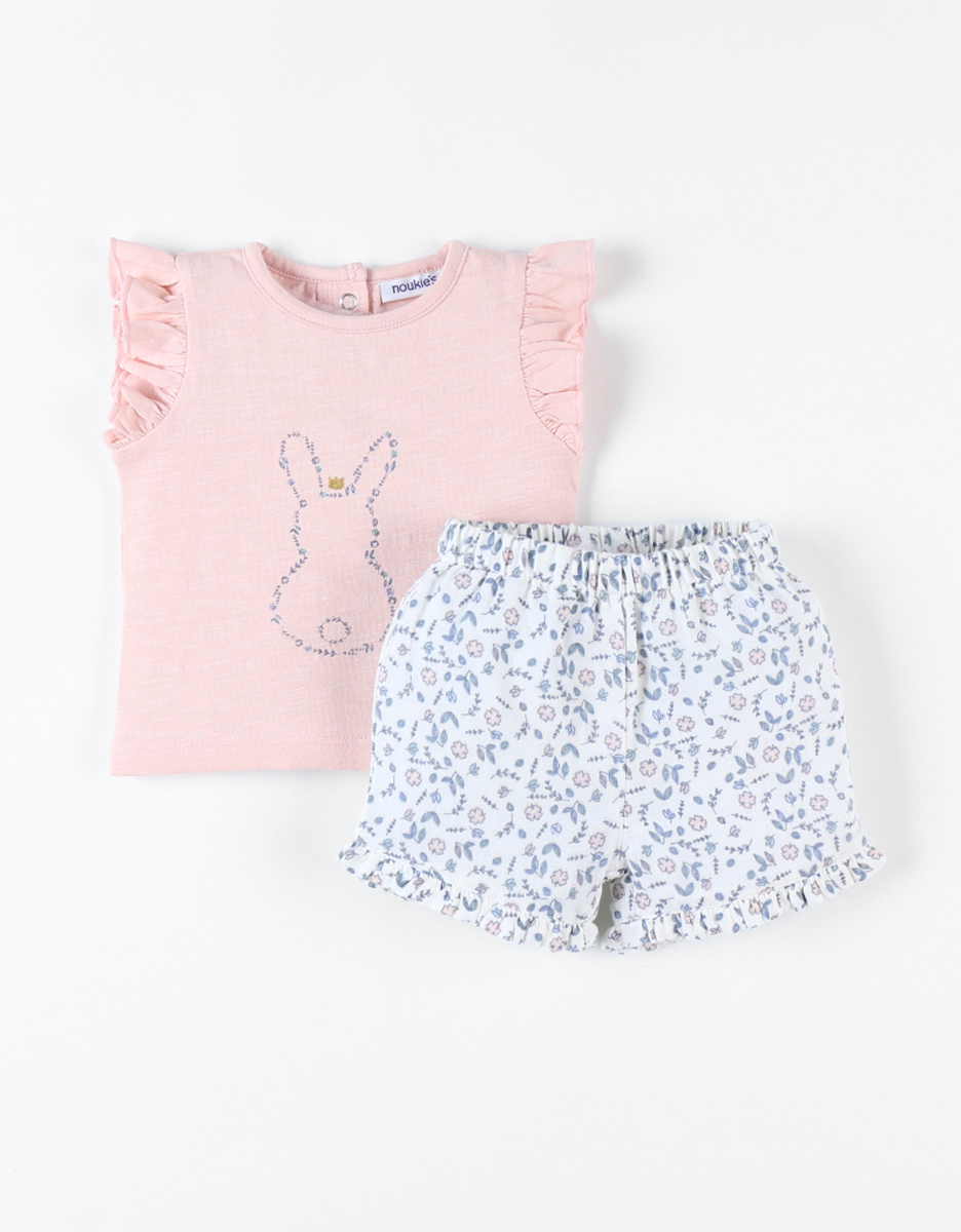 T-shirt met konijn + short met bloemetjes set, lichtroos/ecru