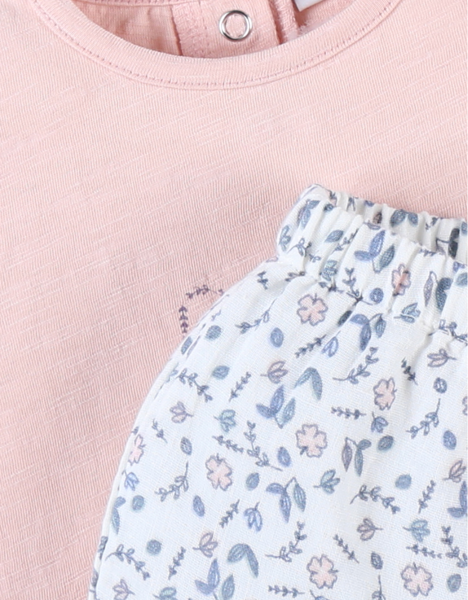 Set t-shirt lapin + short fleuri, rose clair/écru