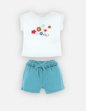 Organic cotton t-shirt + shorts set, off-white/aqua