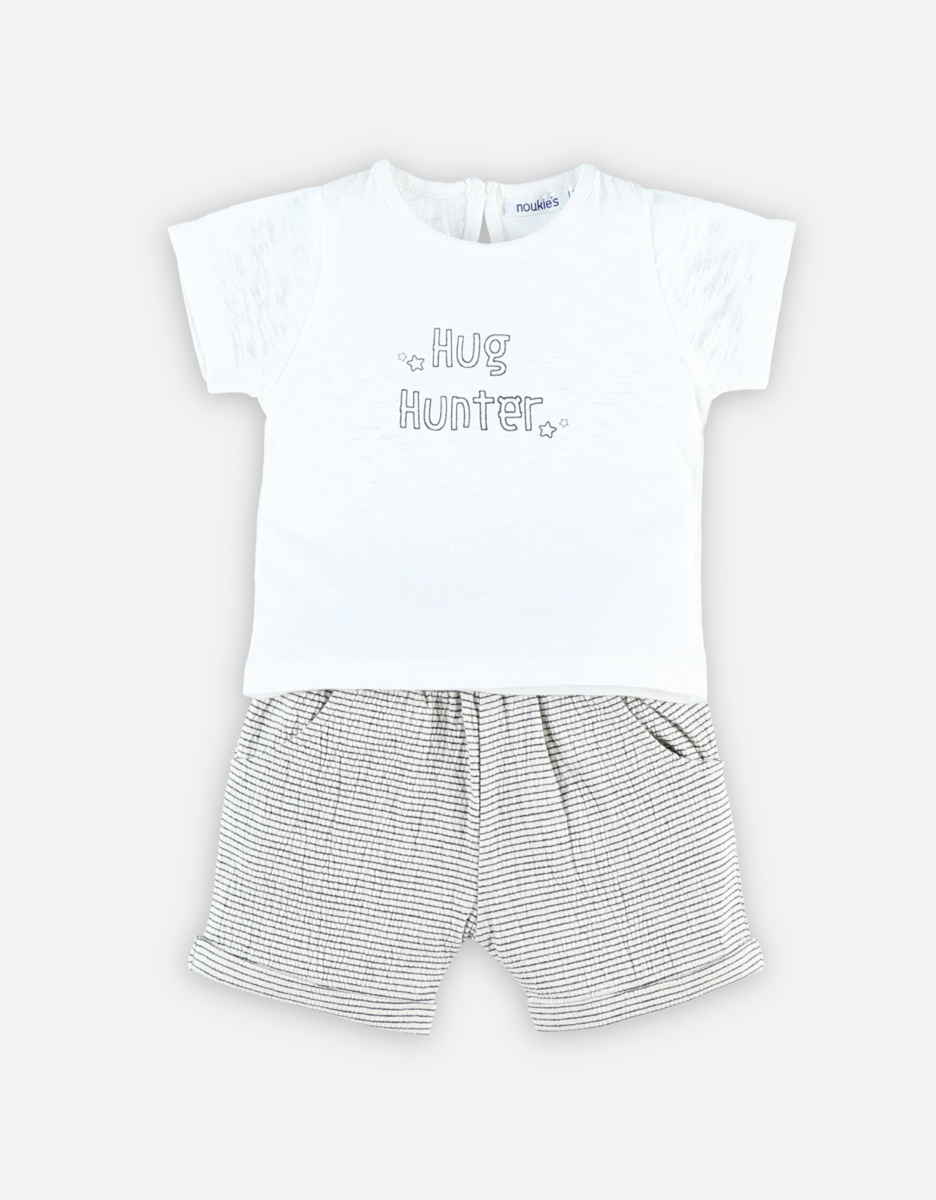 Ecru t-shirt en gestreepte katoen short set