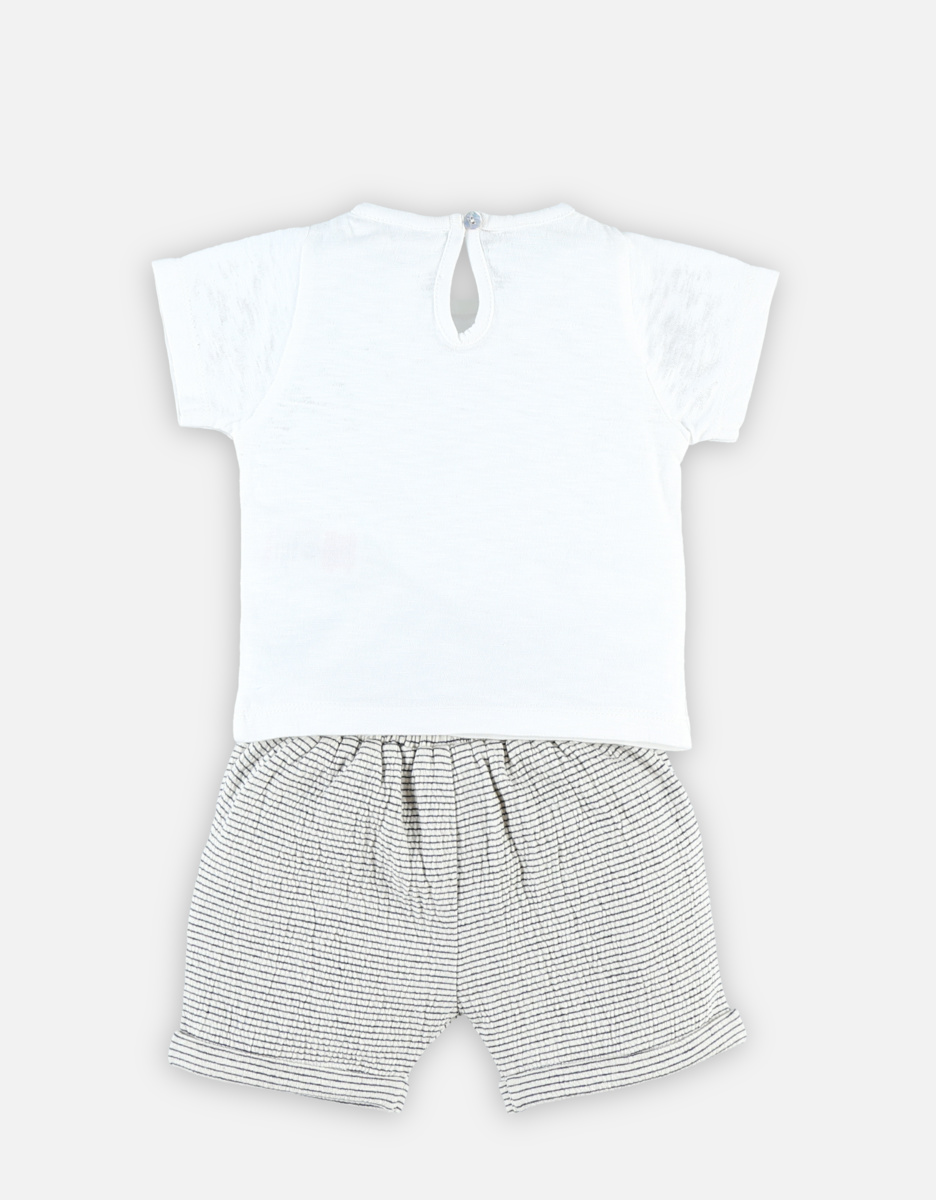 Ecru t-shirt en gestreepte katoen short set