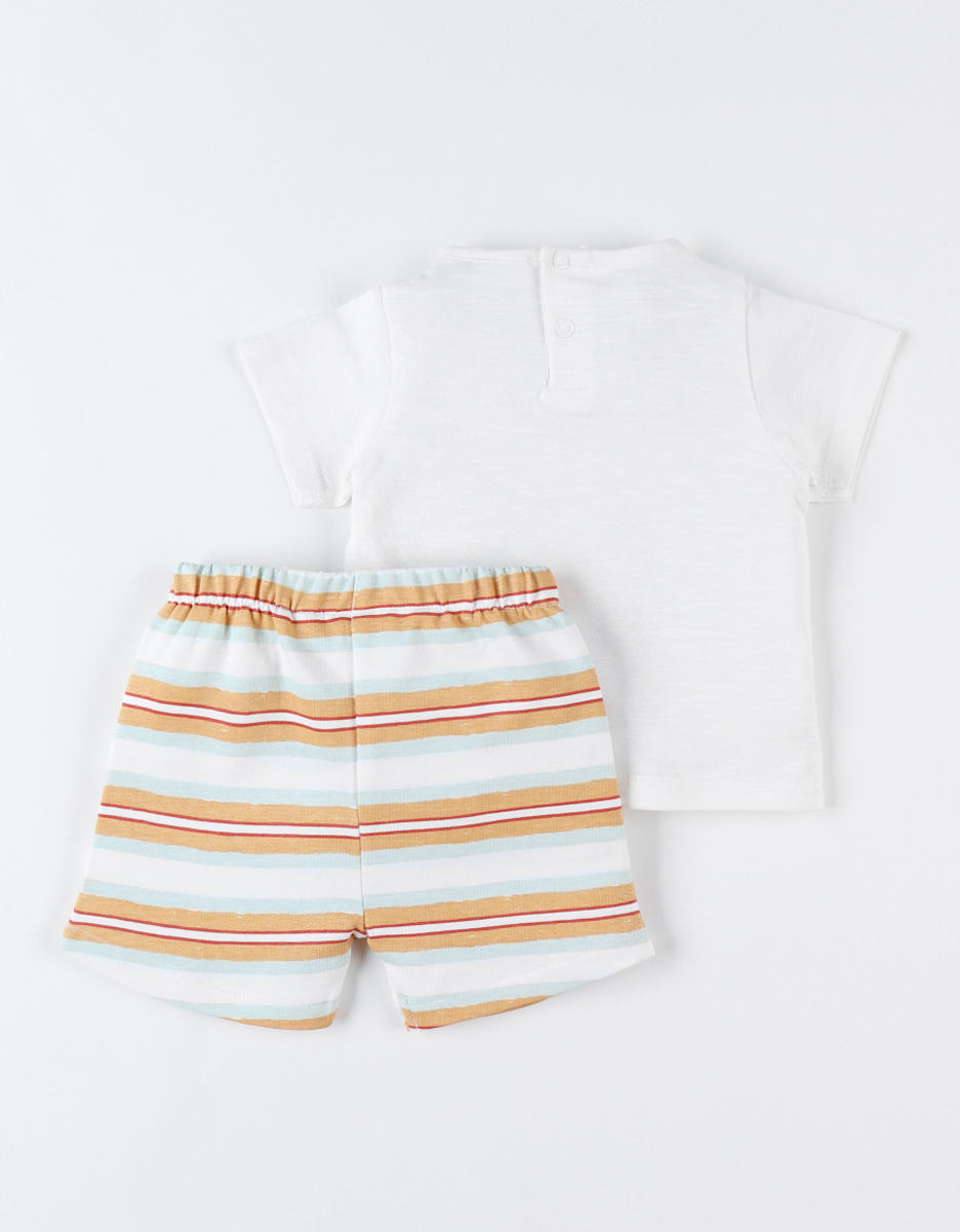 T-shirt met zonneprint + gestreepte short set, ecru/mosterdgeel/aqua