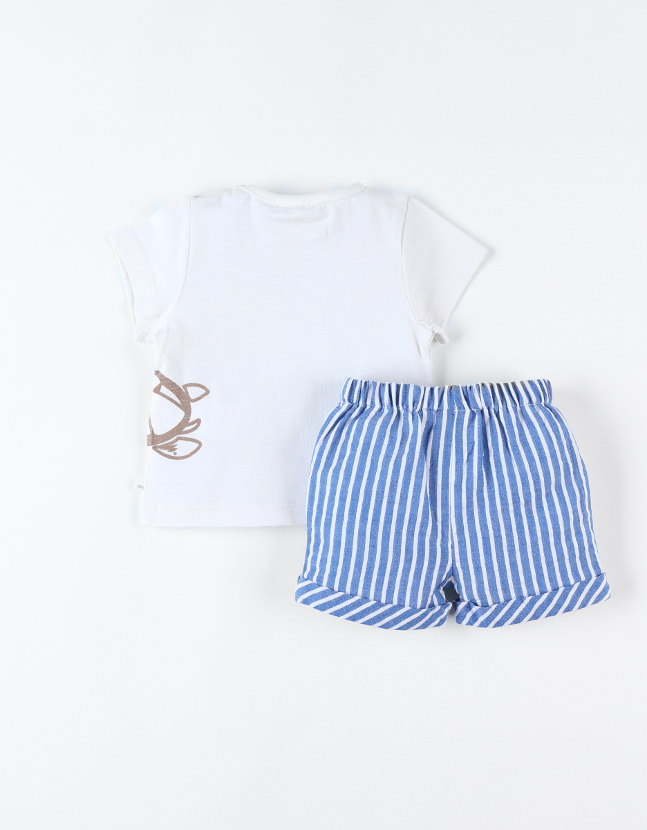 T-shirt met schilpad + gestreepte short set, ecru/blauw