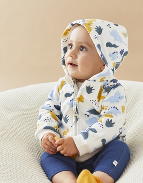 Zipped hoodie with dinosaur print, off-white/blue