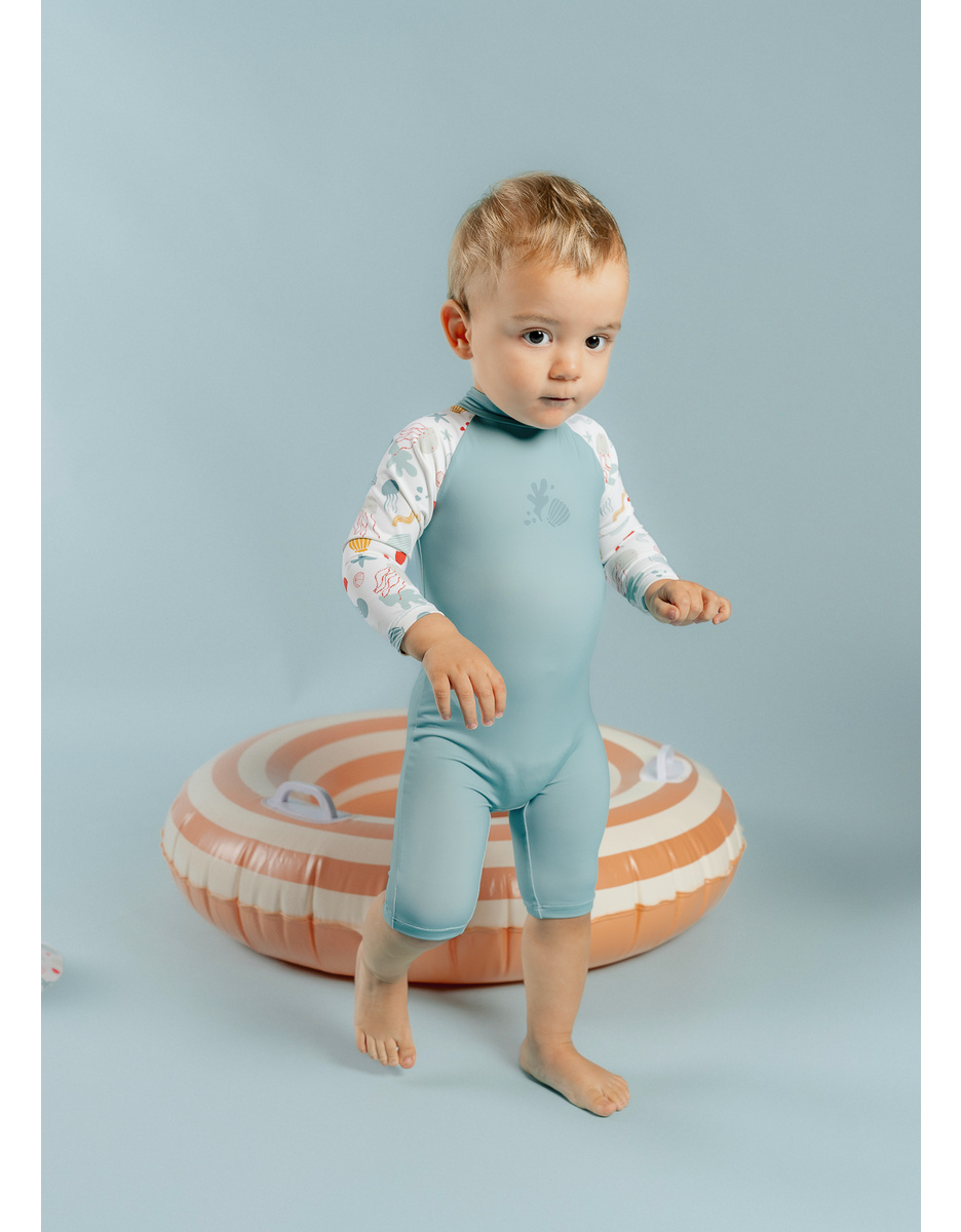 Striped Anti-UV romper swimsuit, off-white