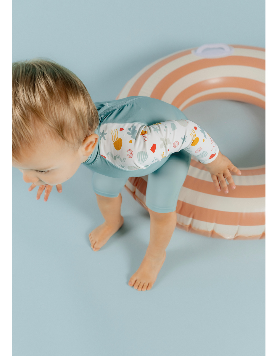 Striped Anti-UV romper swimsuit, off-white