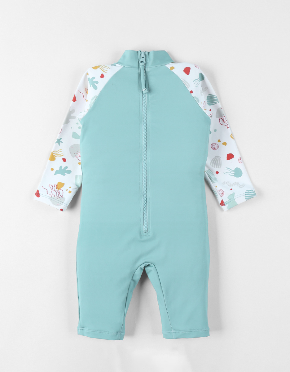 Striped Anti-UV romper swimsuit, off-white