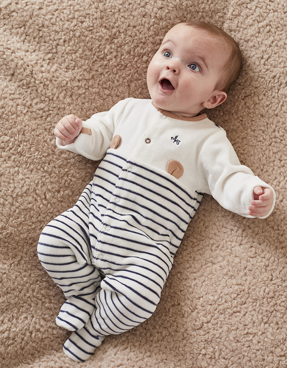 Fluwelen gestreepte 1-delige pyjama, ecru/donkerblauw