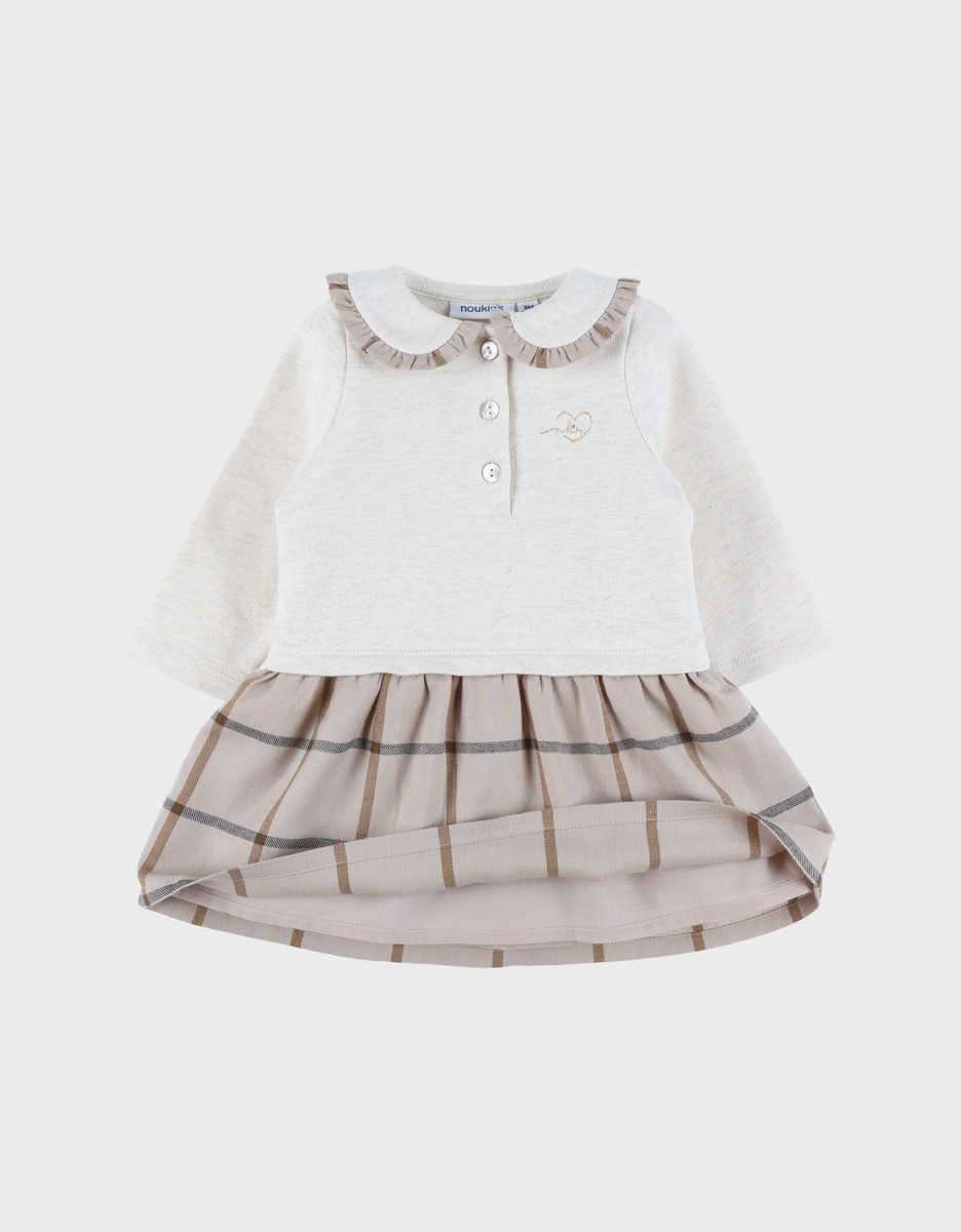Two-fabric baby dress with beige checks
