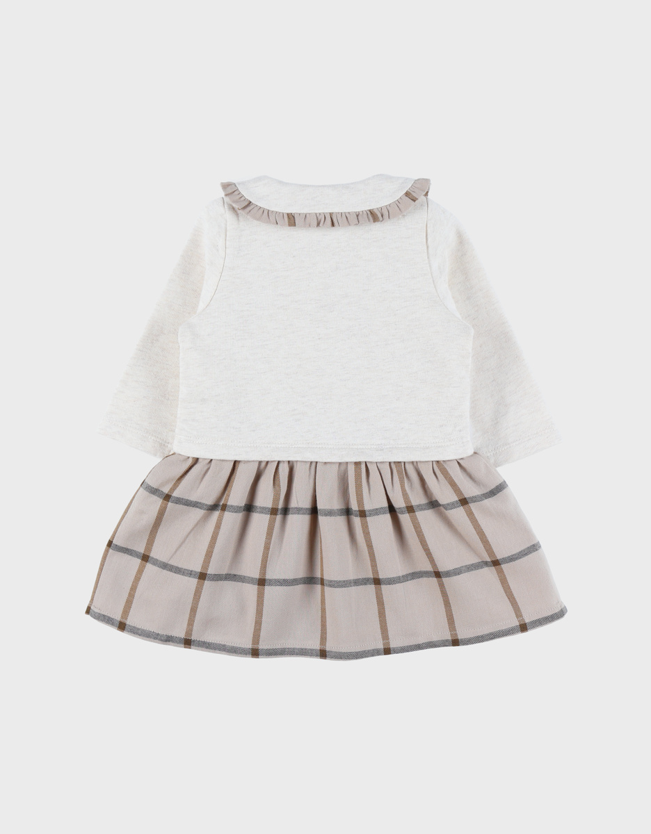 Two-fabric baby dress with beige checks
