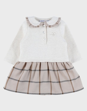 Two-fabric baby dress with beige checks
