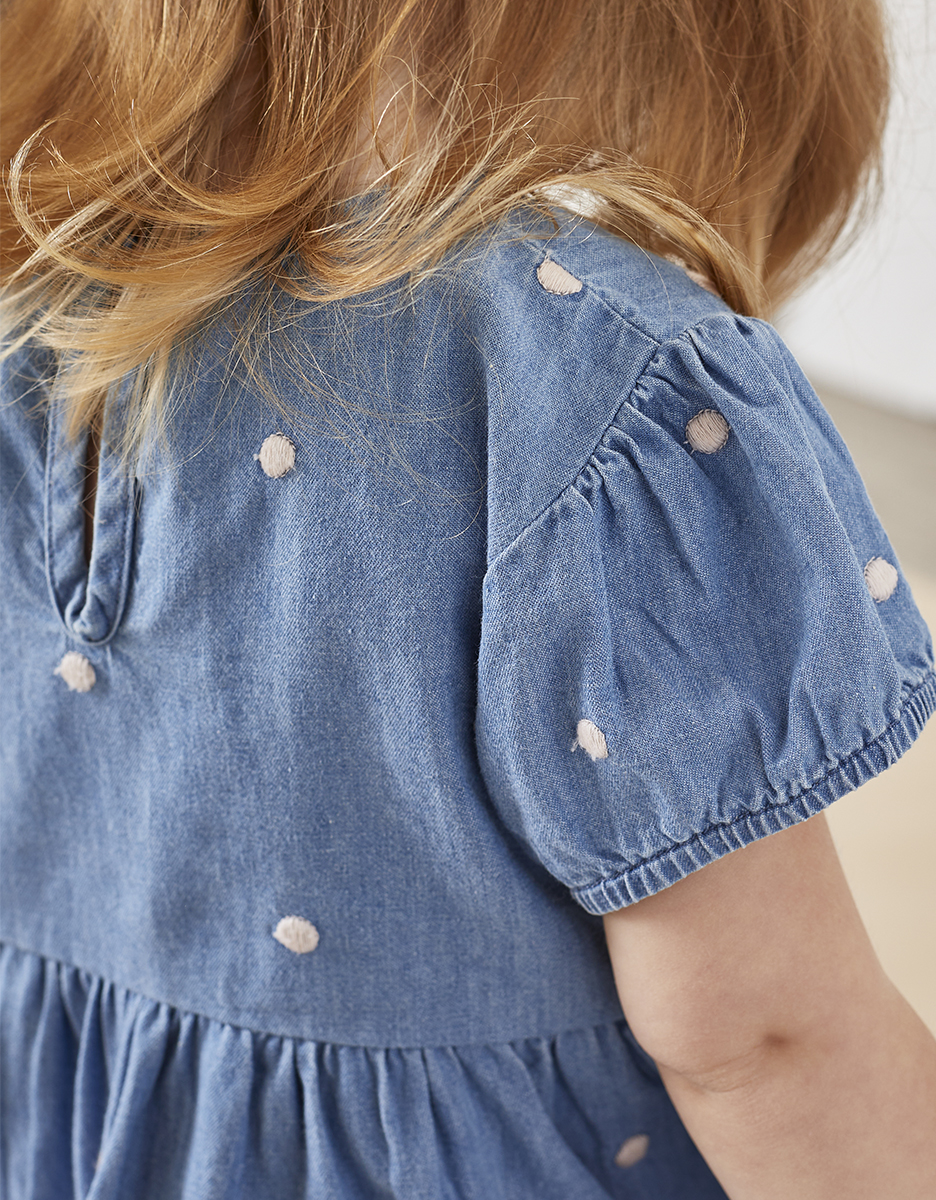 Denim polka dot dress + leggings set, blue/off-white