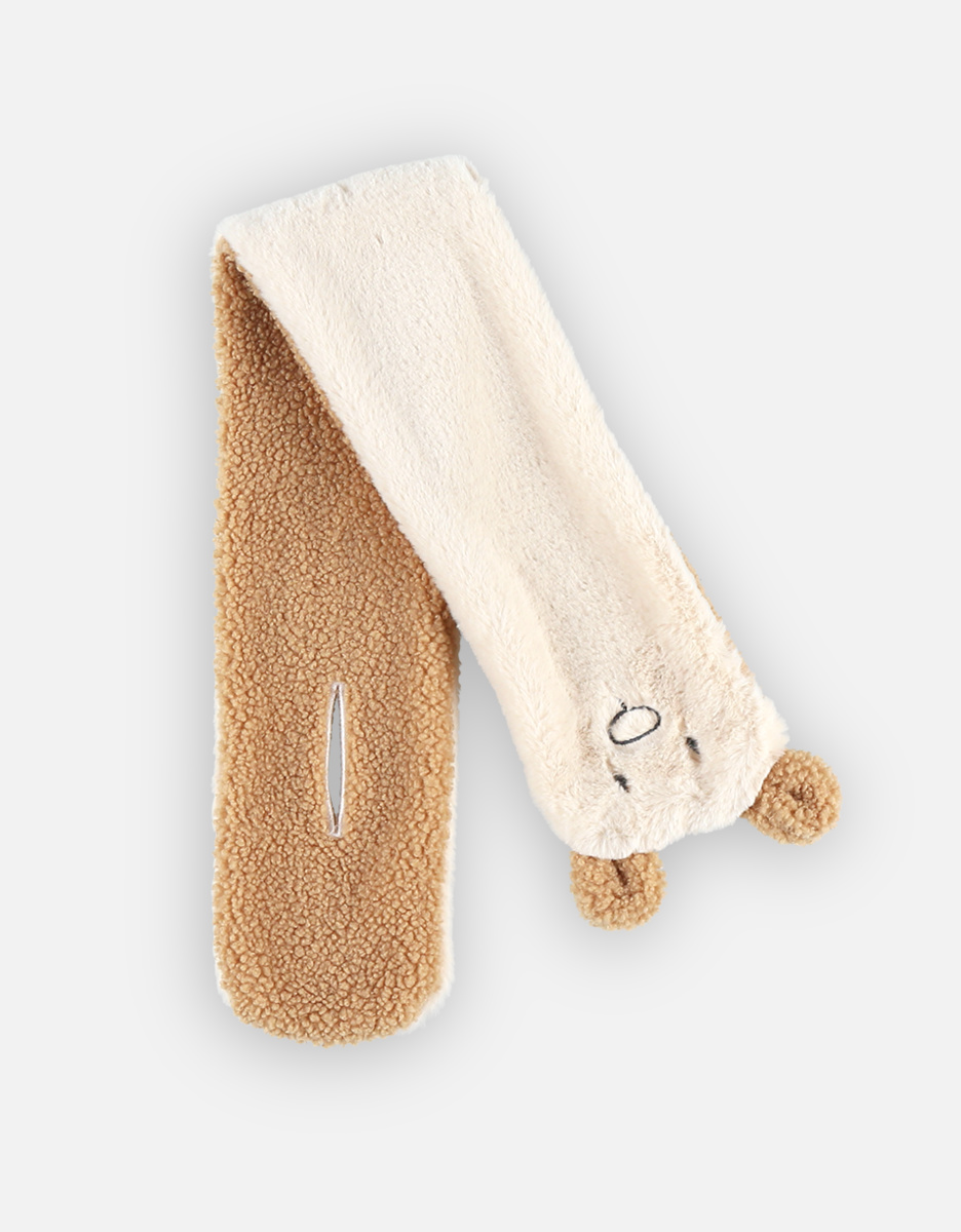 Echarpe en sherpa et longs poils, ecru/camel