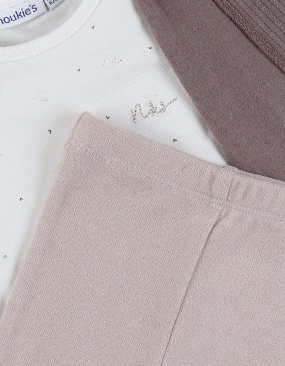Ensemble 3 pièces en jersey beige avec gilet, t-shirt et leggings