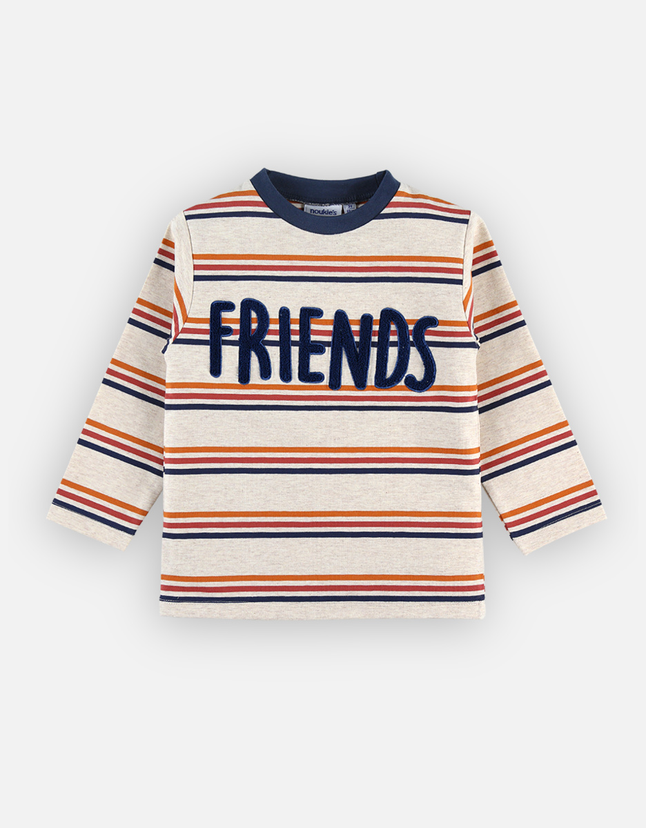 Striped cotton "friends" t-shirt, navy, orange and beige