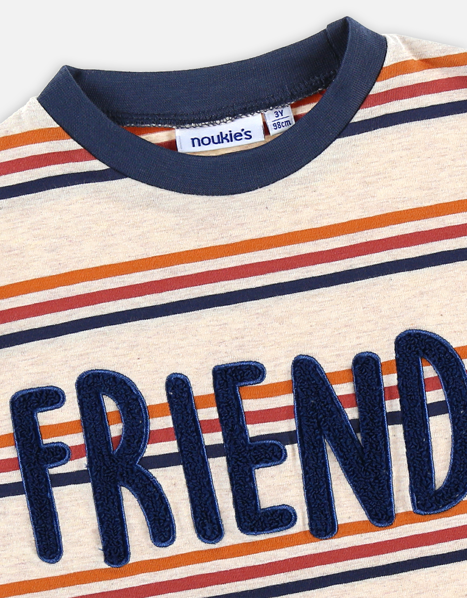Striped cotton "friends" t-shirt, navy, orange and beige