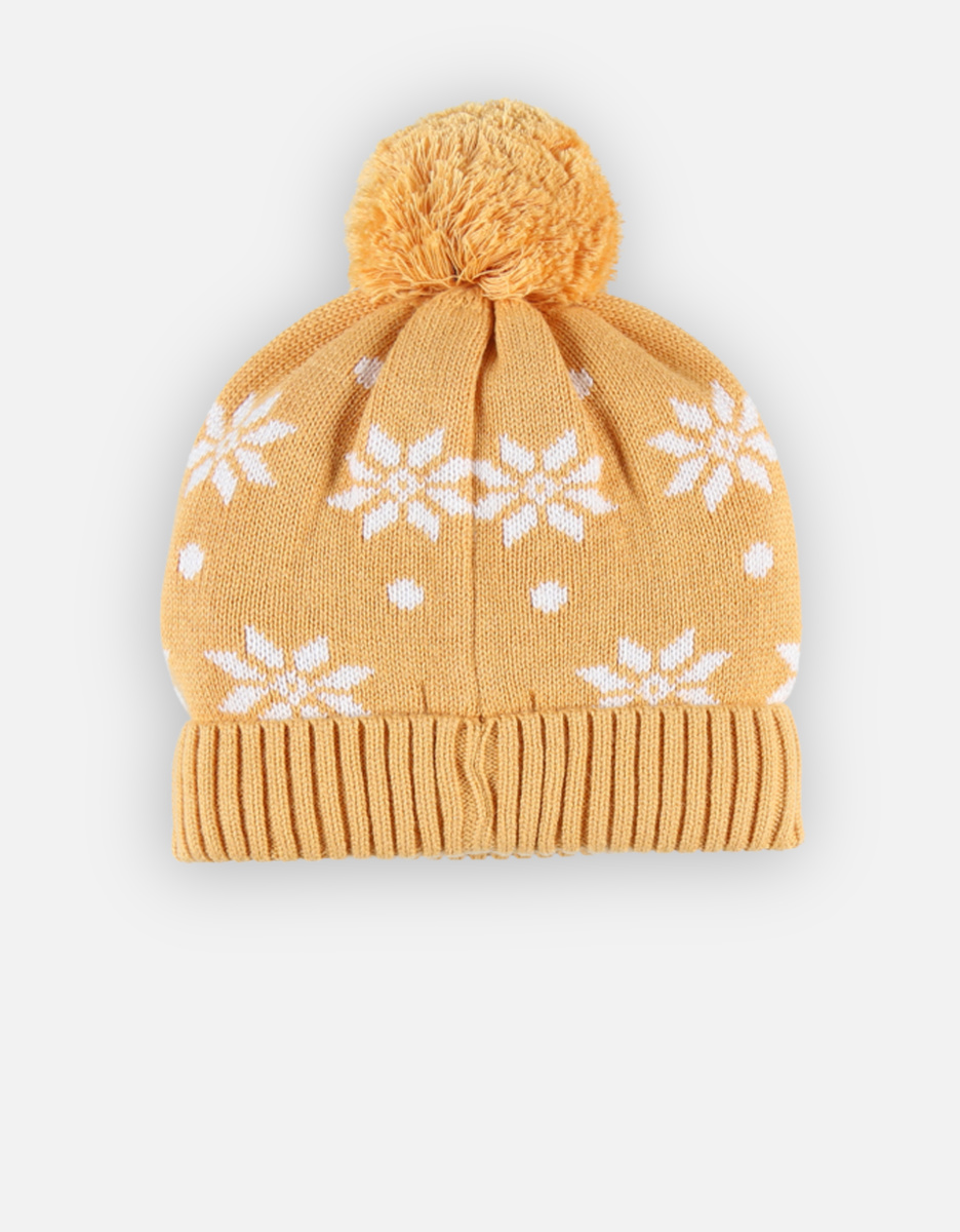 Knitted beanie with pompom, yellow