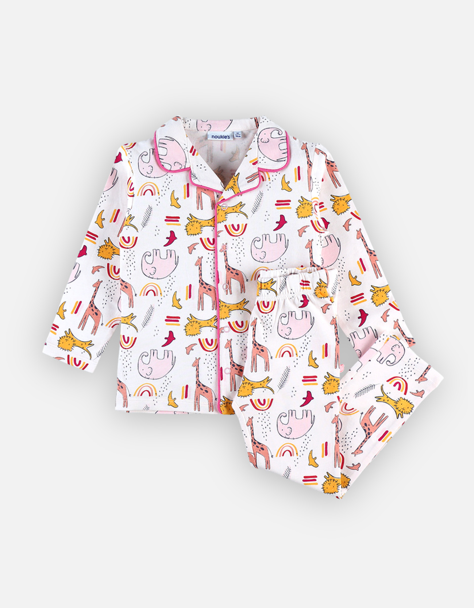 Pyjama 2 pièces à imprimés col chemise en jersey, rose clair