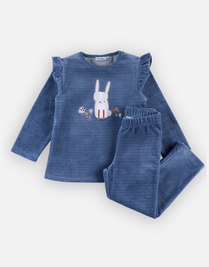 Fluwelen 2-delige pyjama met konijn, donkerblauw