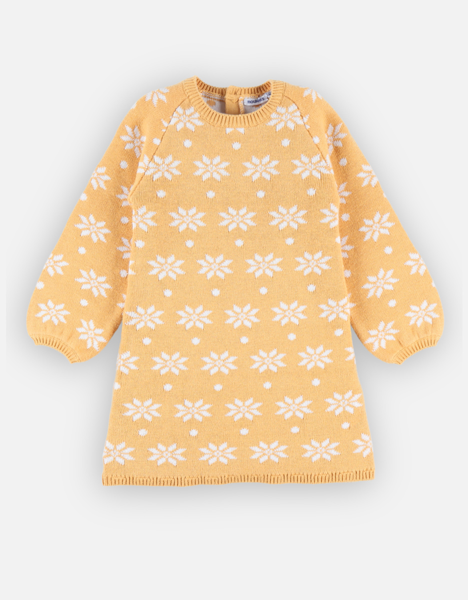 Knitted dress with snow flakes, yellow/off-white