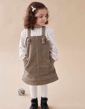 Corduroy dungarees dress + t-shirt set, kaki green & pink