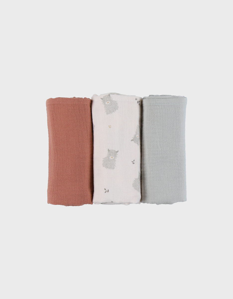 Set of 3 muslin swaddles 70x70cm – Fluffy, Orso & Lily
