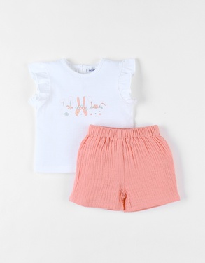 T-shirt met konijn + short set, koraal/ecru