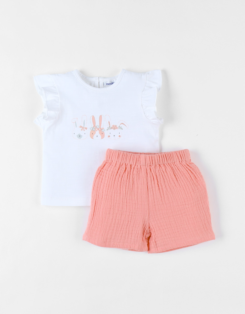 Bunny t-shirt + shorts set, coral/off-white