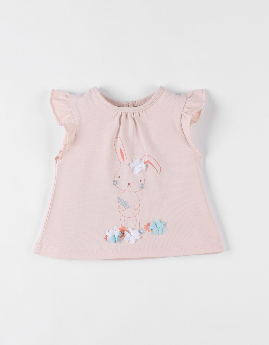 T-shirt met korte mouwen en konijnprint, lichtroze