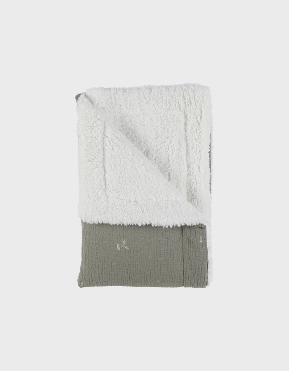 Deken 75x100cm in mousseline en sherpa kaki