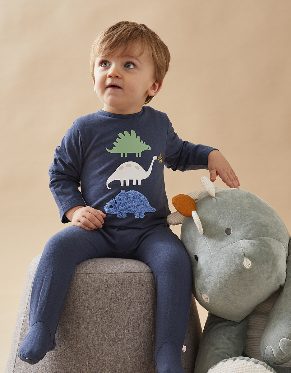 Jersey 1-delige pyjama met dinosaurussen, donkerblauw