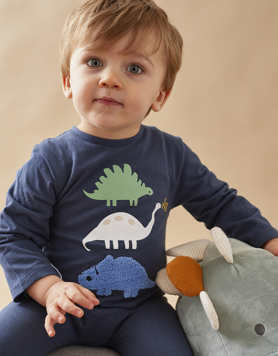 Jersey 1-delige pyjama met dinosaurussen, donkerblauw