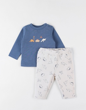 Long-sleeved t-shirt + dinosaur pants set, vanilla
